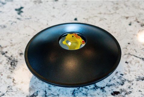 An image of a mirascope by Toysmith presenting a frog that appears to be at the top of the bowl but which is actually inside.