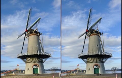 A two-panel photo of a windmill. Each panel is the left or right eye view for 3D