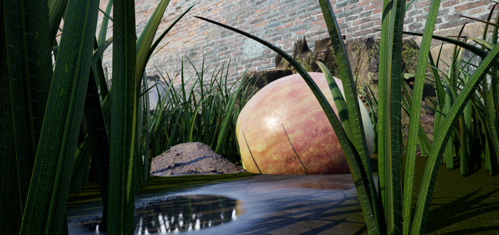 A bugs-eye view looking at a puddle with an apple in it from the grass.