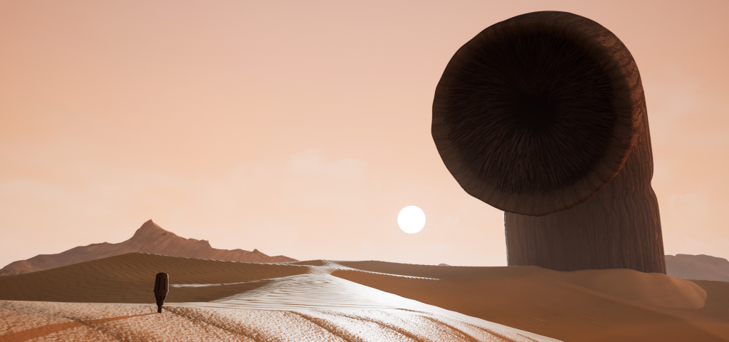 A desert scene with a giant worm-like creature appearing out of the sand.