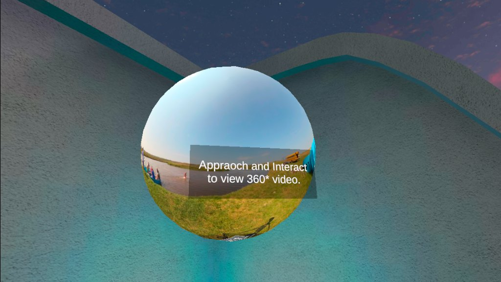 A spherical portal to a 360 degree video overlaid with the text "Approach and Interact to view 360 video."