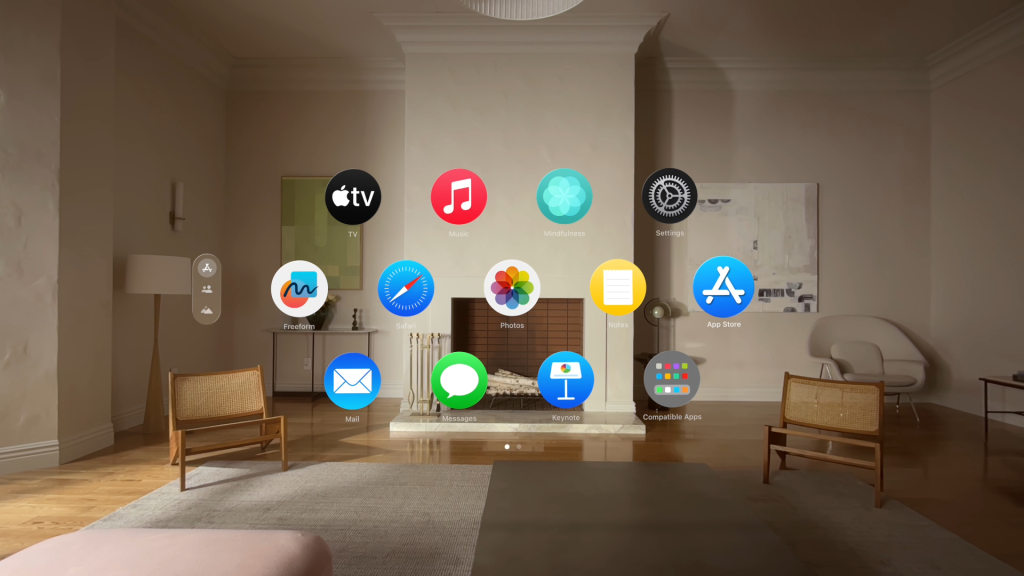An image of a large mostly empty room with app icons overlaid.